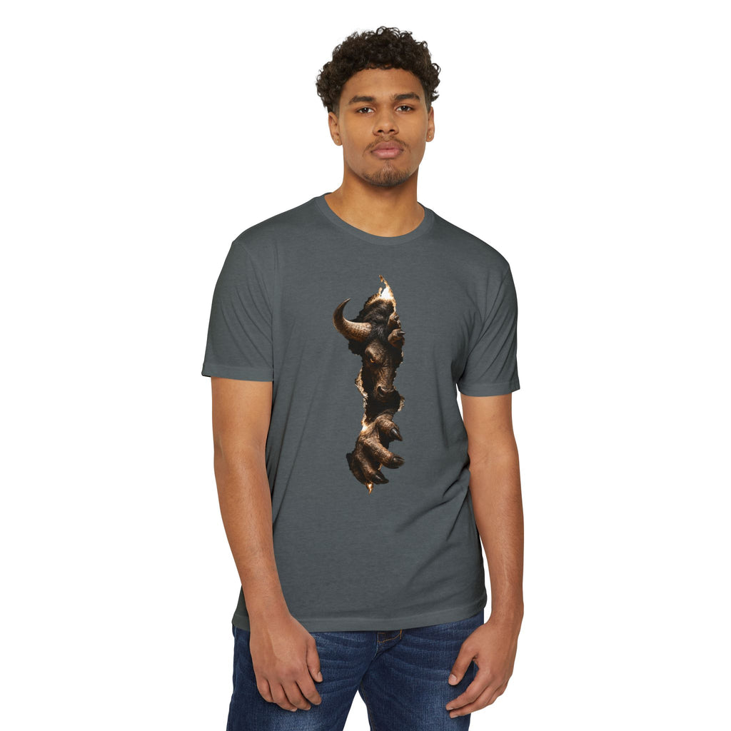 Bison Vertical Print T‑Shirt — Rustic Western Buffalo Graphic Tee. The inner Beast tearing its way out.