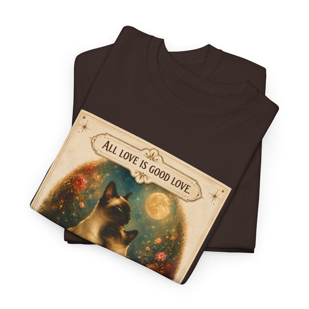 Cat Love Vintage Poster T-Shirt — "All Love Is Good Love" Graphic Tee. Siamese cats in love.
