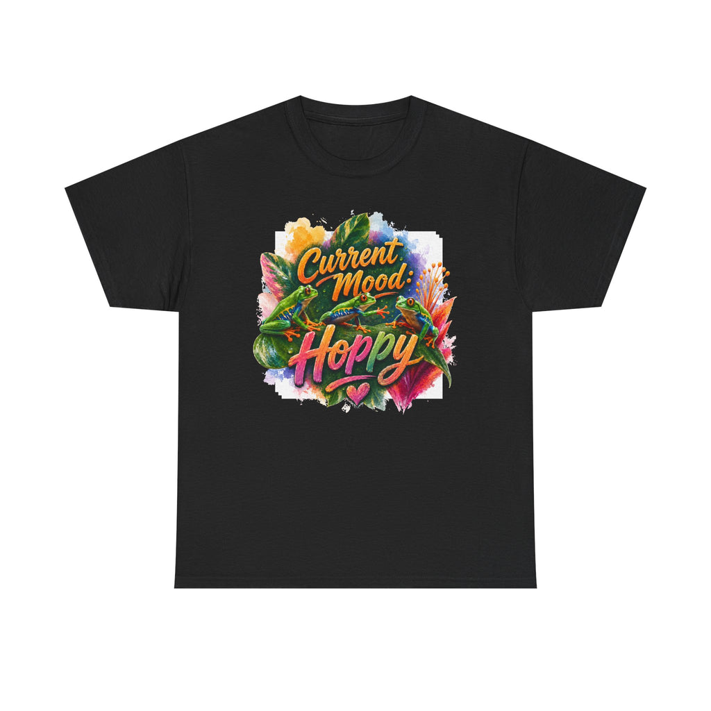 T‑Shirt — "Current Mood: Hoppy" Colorful Frog Graphic Tee. Tree Frogs eco-friendly awareness.