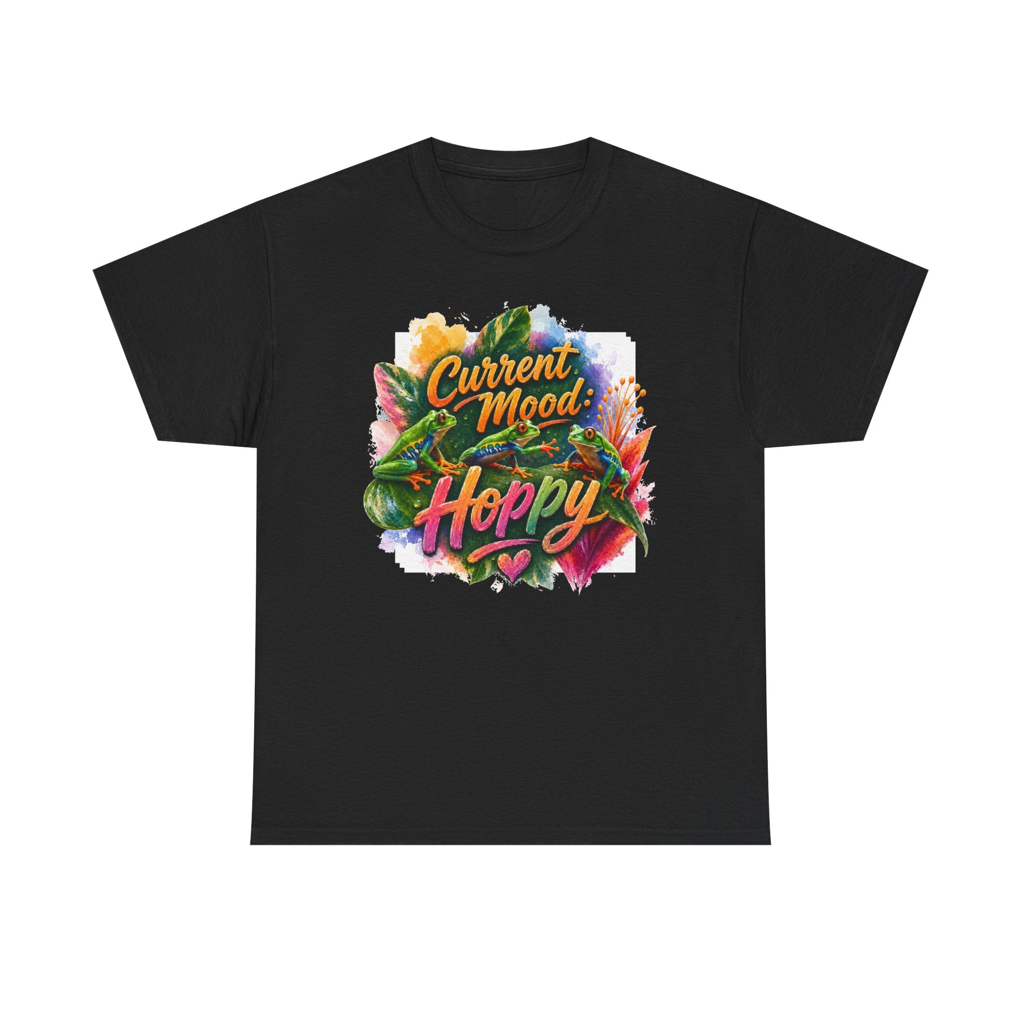T‑Shirt — "Current Mood: Hoppy" Colorful Frog Graphic Tee. Tree Frogs eco-friendly awareness.