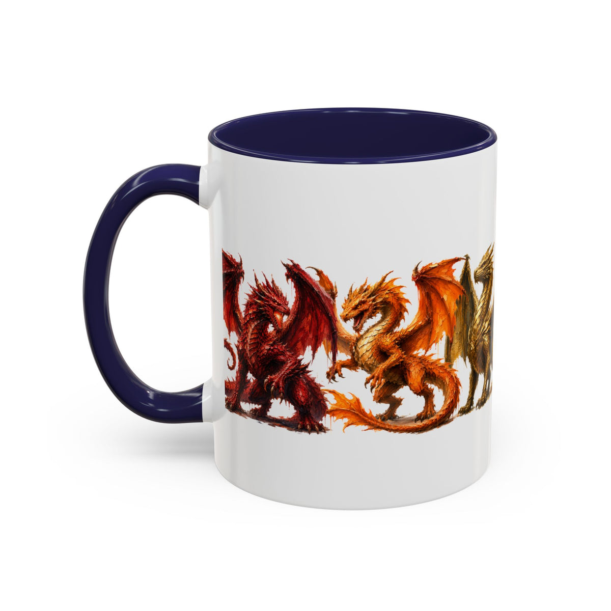 Rainbow Dragon Lineup Accent Coffee Mug — Colorful Fantasy Creature Tea & Coffee Cup