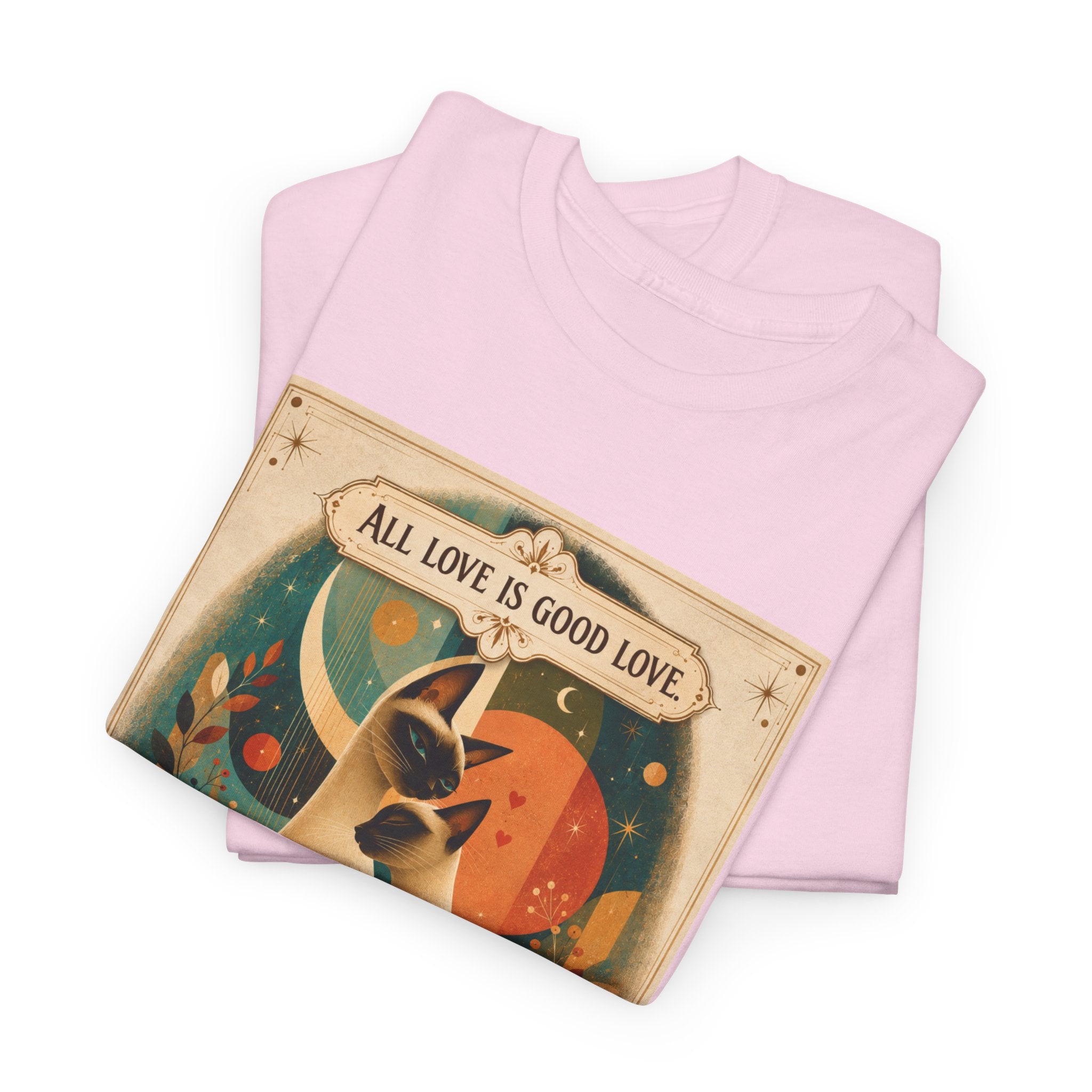 Cat Love Graphic Tee — "All Love Is Good Love" Retro Cat Couple T-Shirt. Siamese Cat Shirt Cat Lover Gift Cat Mom Shirt Cat Dad Shirt Cat People Apparel Cute Cat T-Shirt Cat Lover Tee Siamese Cat...