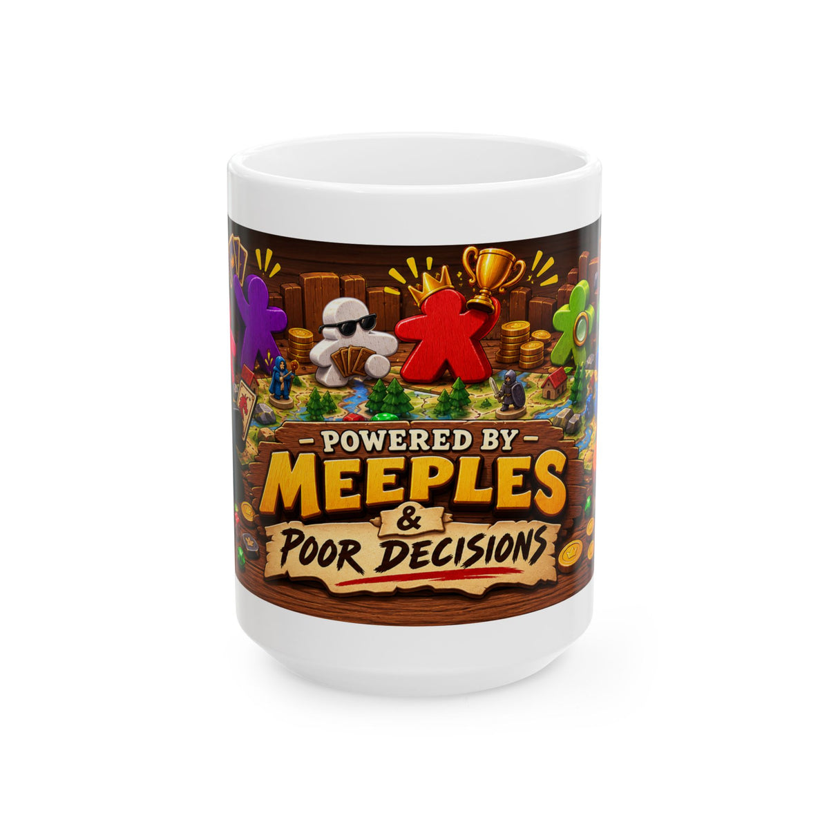Ceramic Mug — "Powered by Meeples & Poor Decisions" Board Game Coffee Cup