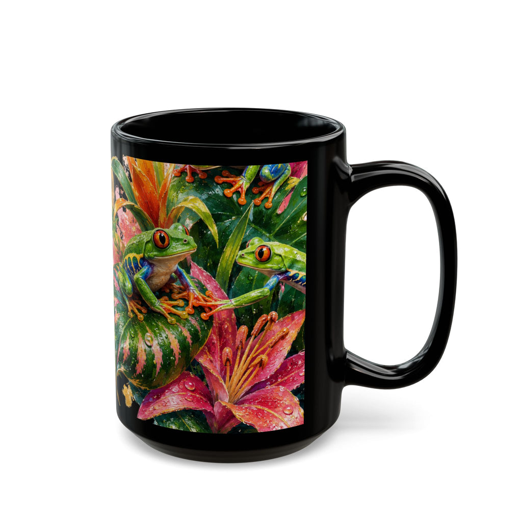 Colorful Tree Frog Coffee Mug — Tropical Floral Black Ceramic (11oz/15oz)