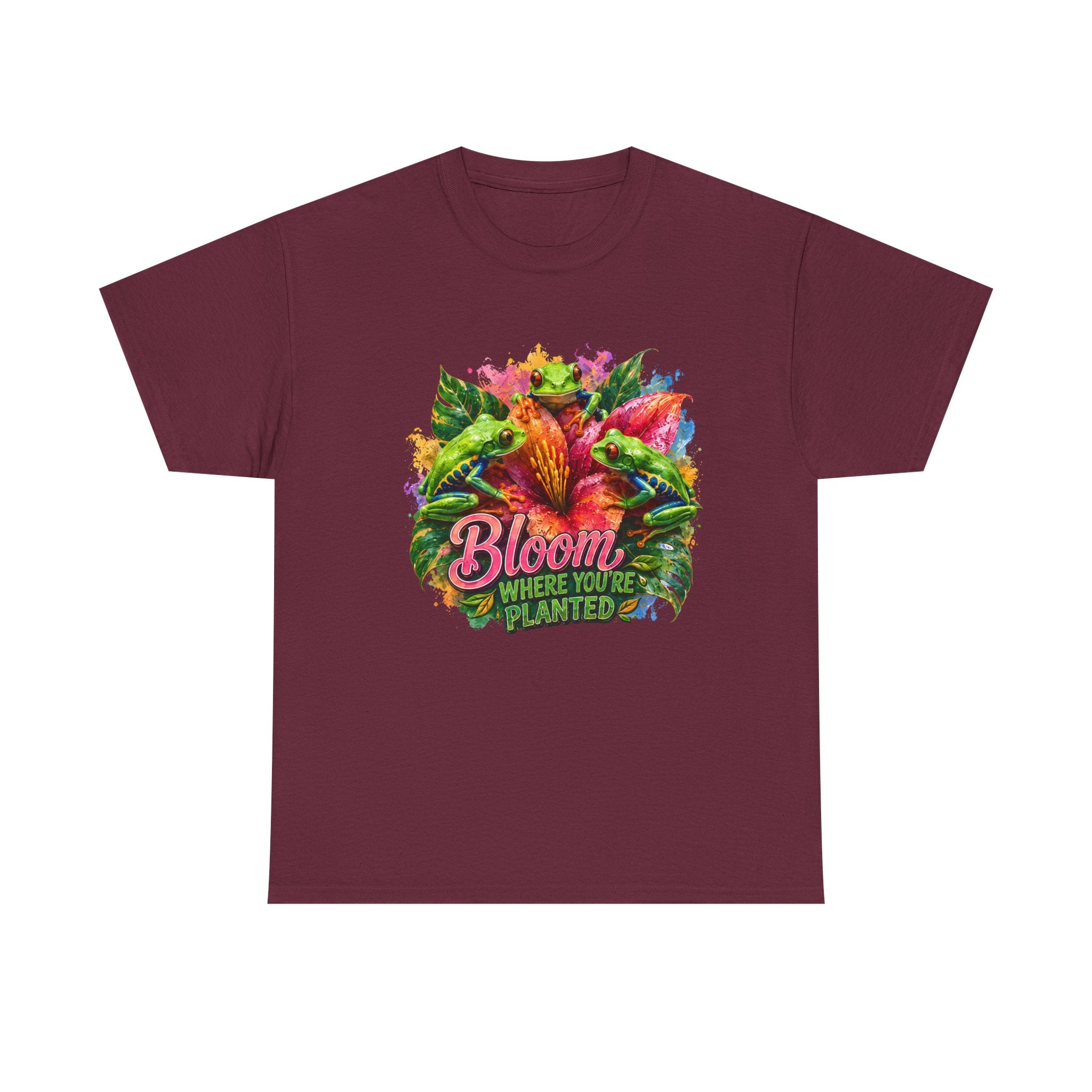 Bloom Where You're Planted Floral T-Shirt — Colorful Garden Graphic Tee. Tree Frogs t-shirt