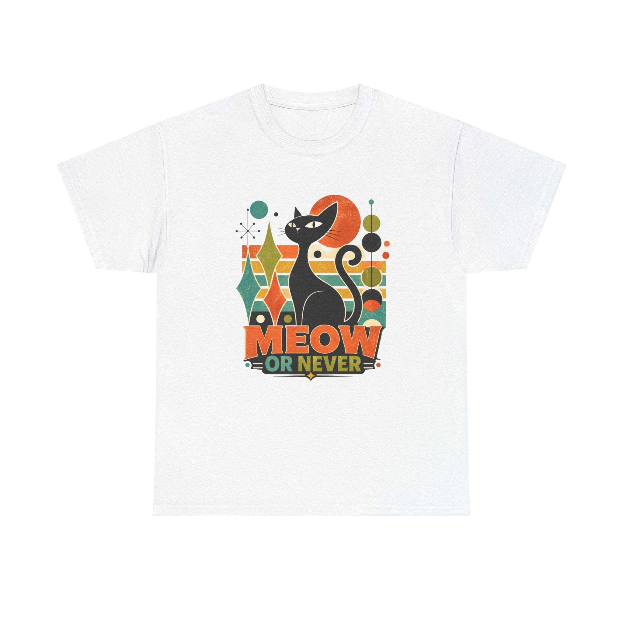 Cat T-Shirt — "Meow or Never" Retro Cat Graphic Tee. Tangentsies Cat Mod t=shirt
