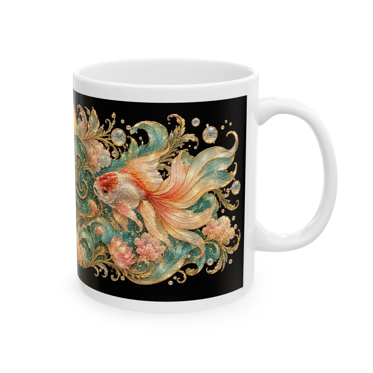 Fancy Goldfish Club Ceramic Mug — Vintage Floral Aquarium Design (11oz & 15oz)