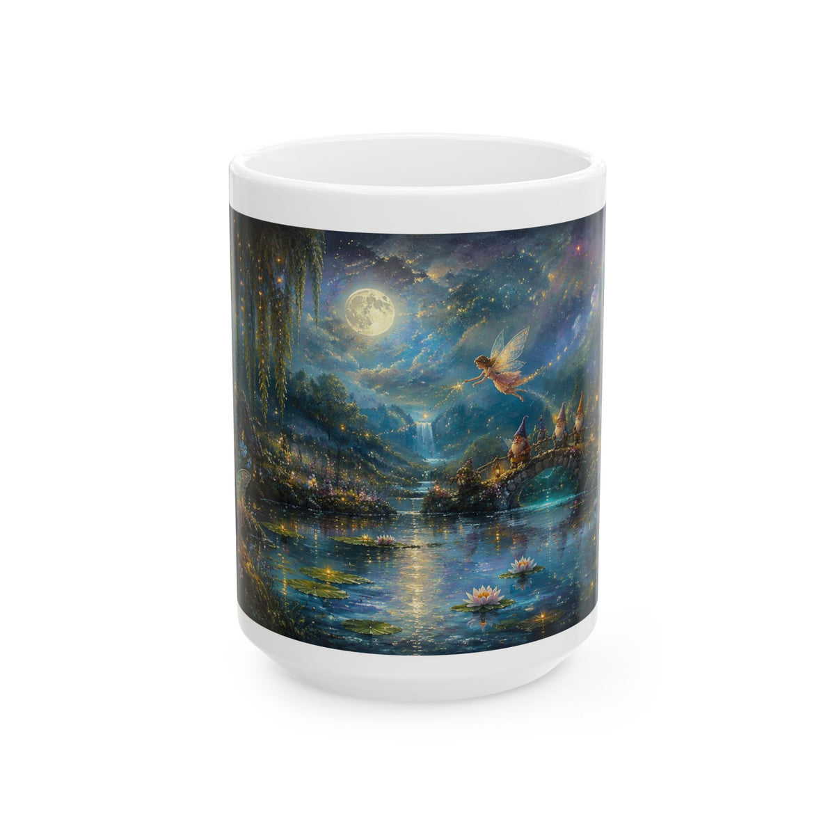 Fantasy Nightscape Ceramic Mug — Moonlit Lake, Hummingbird & Enchanted Garden (11oz/15oz)