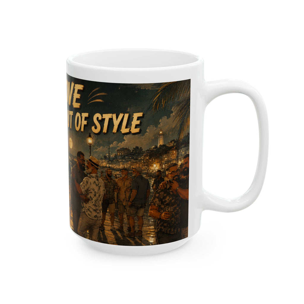 Ceramic Mug — "Bear Love Never Goes Out of Style" Vintage Night Street Art Coffee Cup (11oz/15oz)