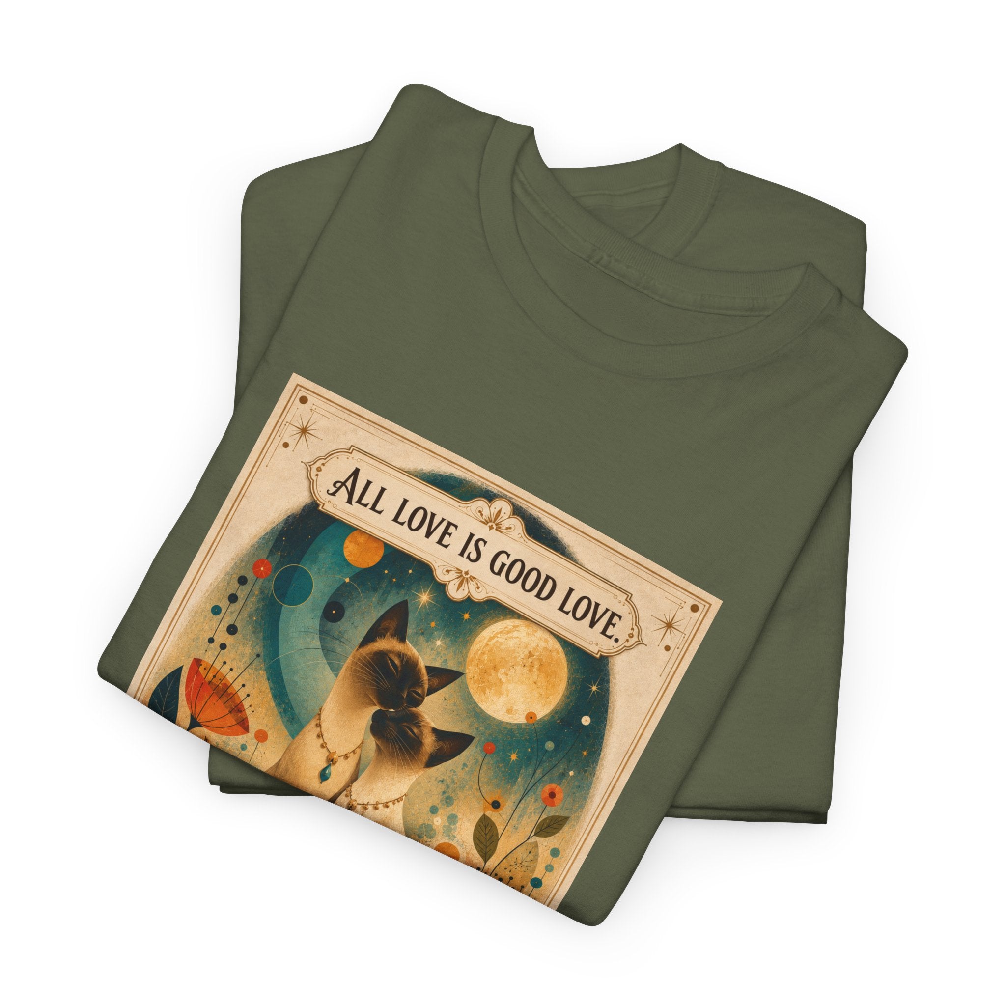 Cat Love Graphic Tee — "All Love is Good Love" Retro Pet Shirt. Siamese Cat Shirt.