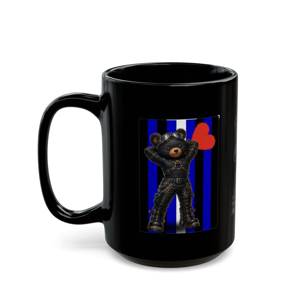 Leather Bear Mug — Biker Teddy on Blue Stripe Black Coffee Cup (11oz, 15oz)