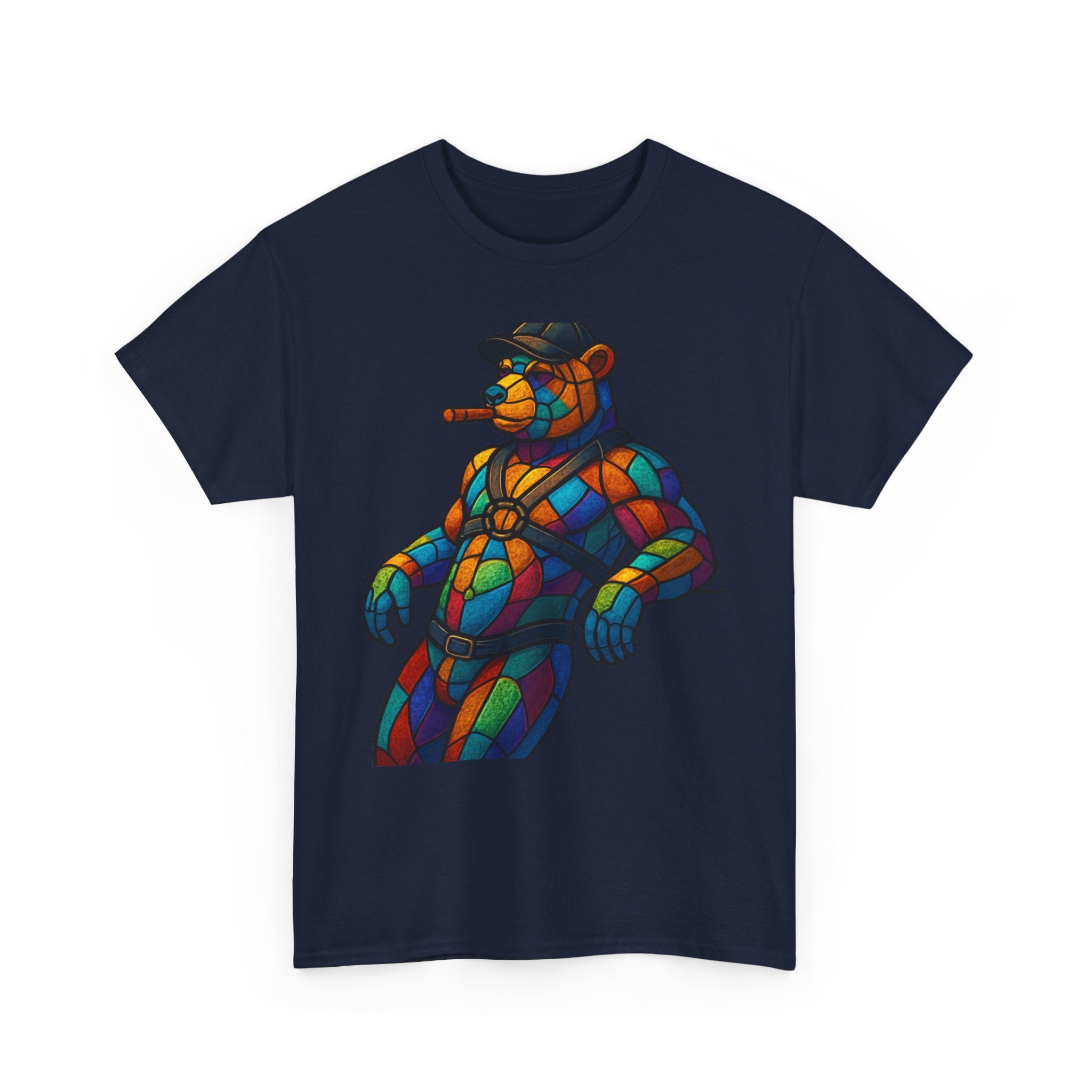 Stained Glass Bear Tee — Colorful Smoking Bear Graphic T-Shirt Bear cigar bear. Colorfull rainbow bear. Leather bear