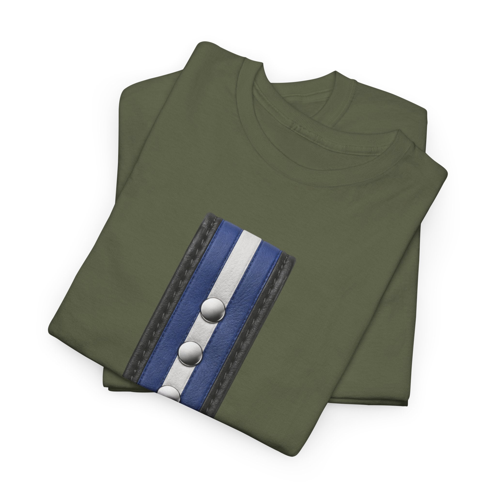 Blue Stripe O-Ring Graphic Tee. Leather pride strap