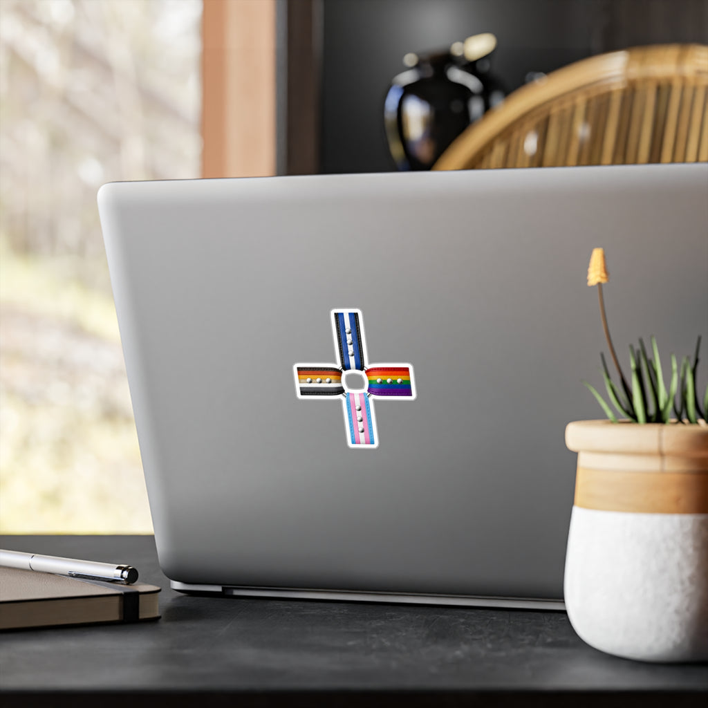 Pride Flag Cross Vinyl Sticker — Kiss-Cut LGBTQ+ Ally Decal (Rainbow, Trans & Stripes)