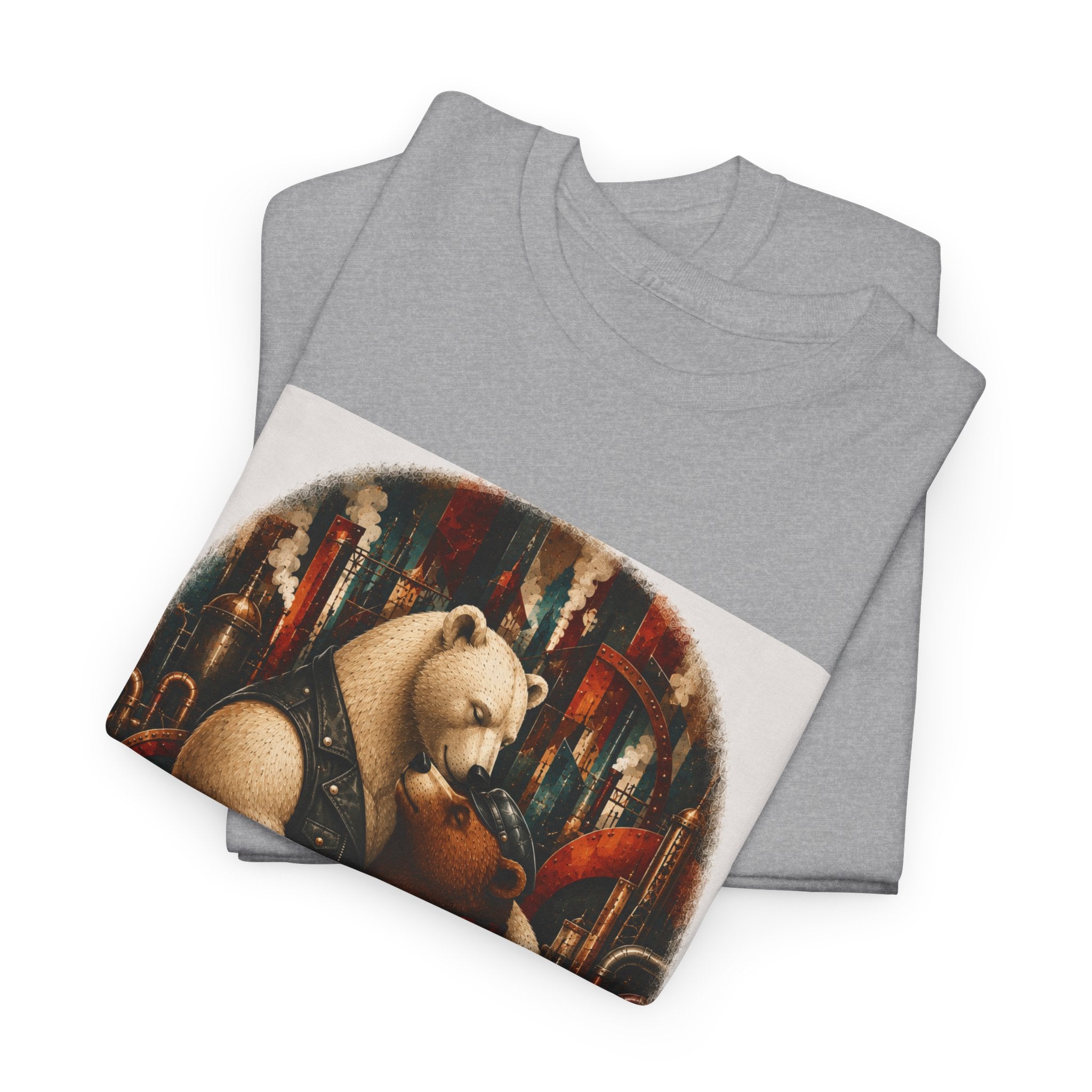 Bear Musician T‑Shirt — Vintage Stylized Bear Playing Violin Art Tee. An image of two Bears in a loving embrace. Colorful steampunk background. Mod.