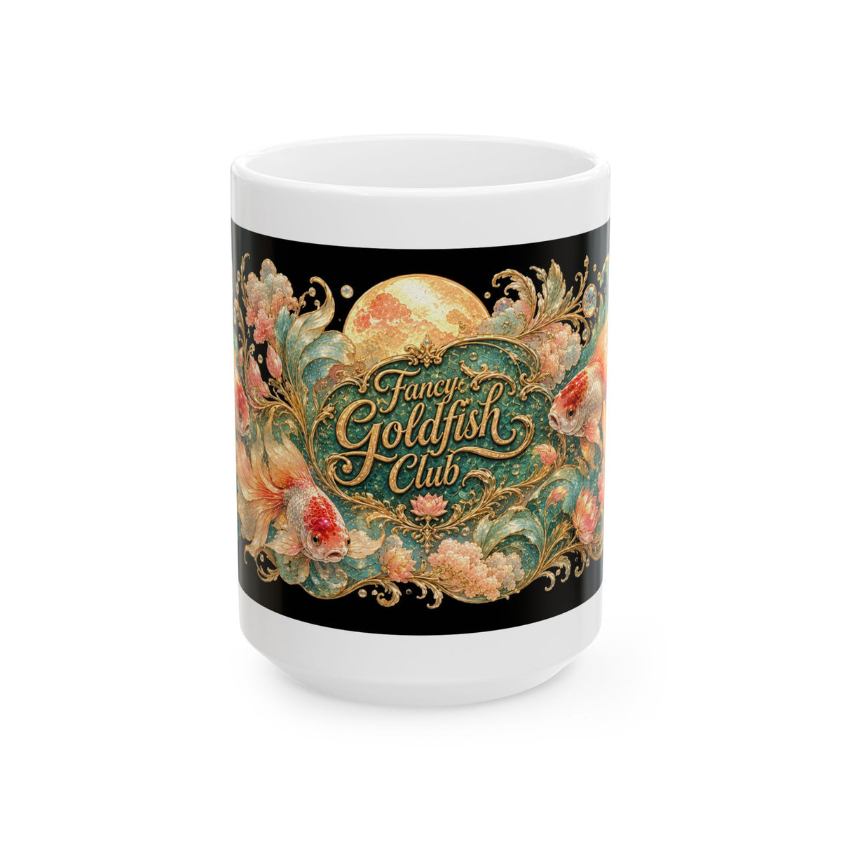 Fancy Goldfish Club Ceramic Mug — Vintage Floral Aquarium Design (11oz & 15oz)