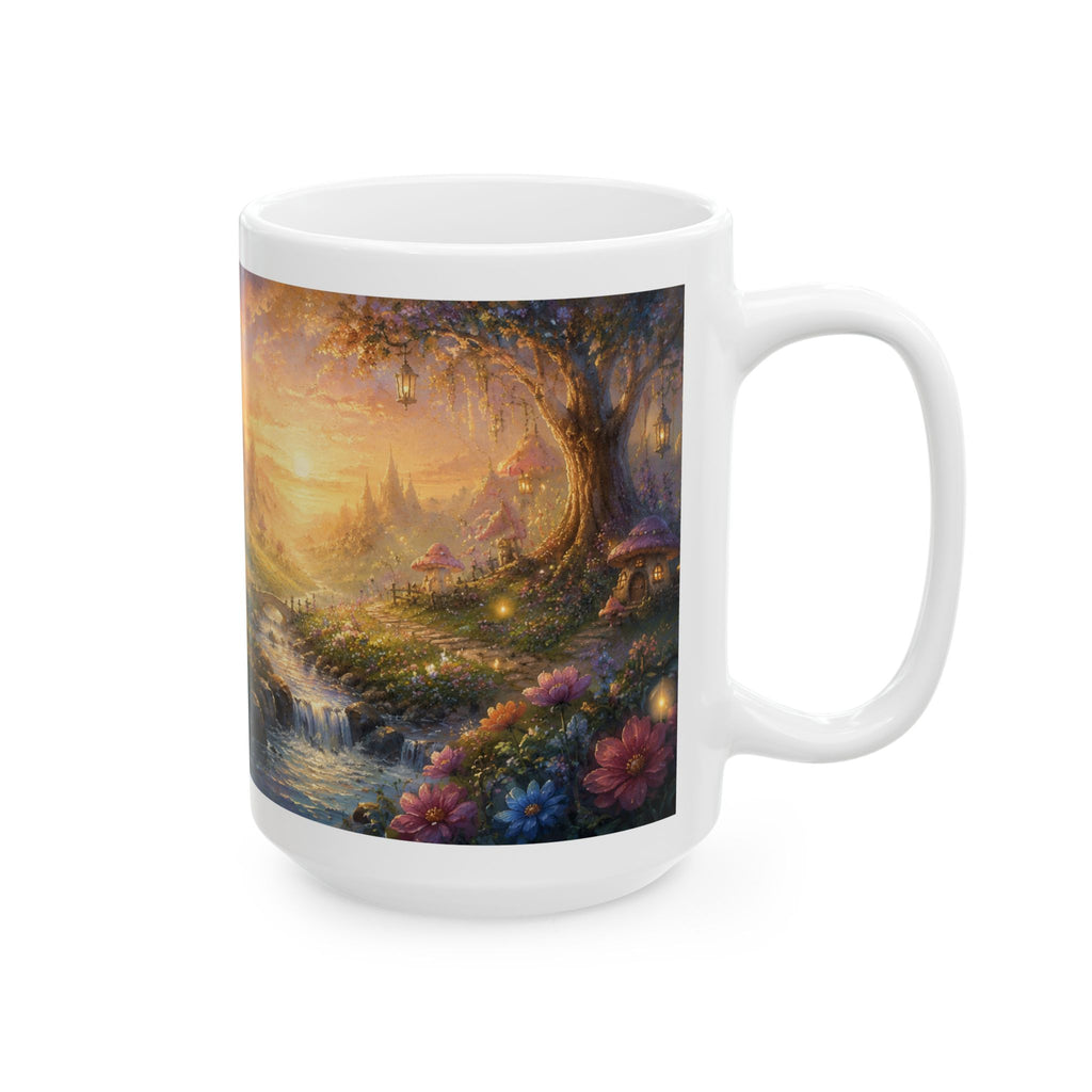 Fantasy Fairyland Ceramic Mug — Enchanted Sunrise Woodland Scene (11oz & 15oz)