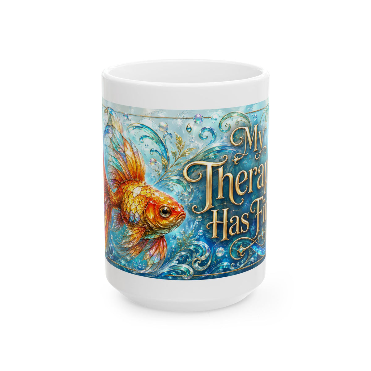 Goldfish Ceramic Mug — "My Therapy Has Fins" Artistic Coffee Cup