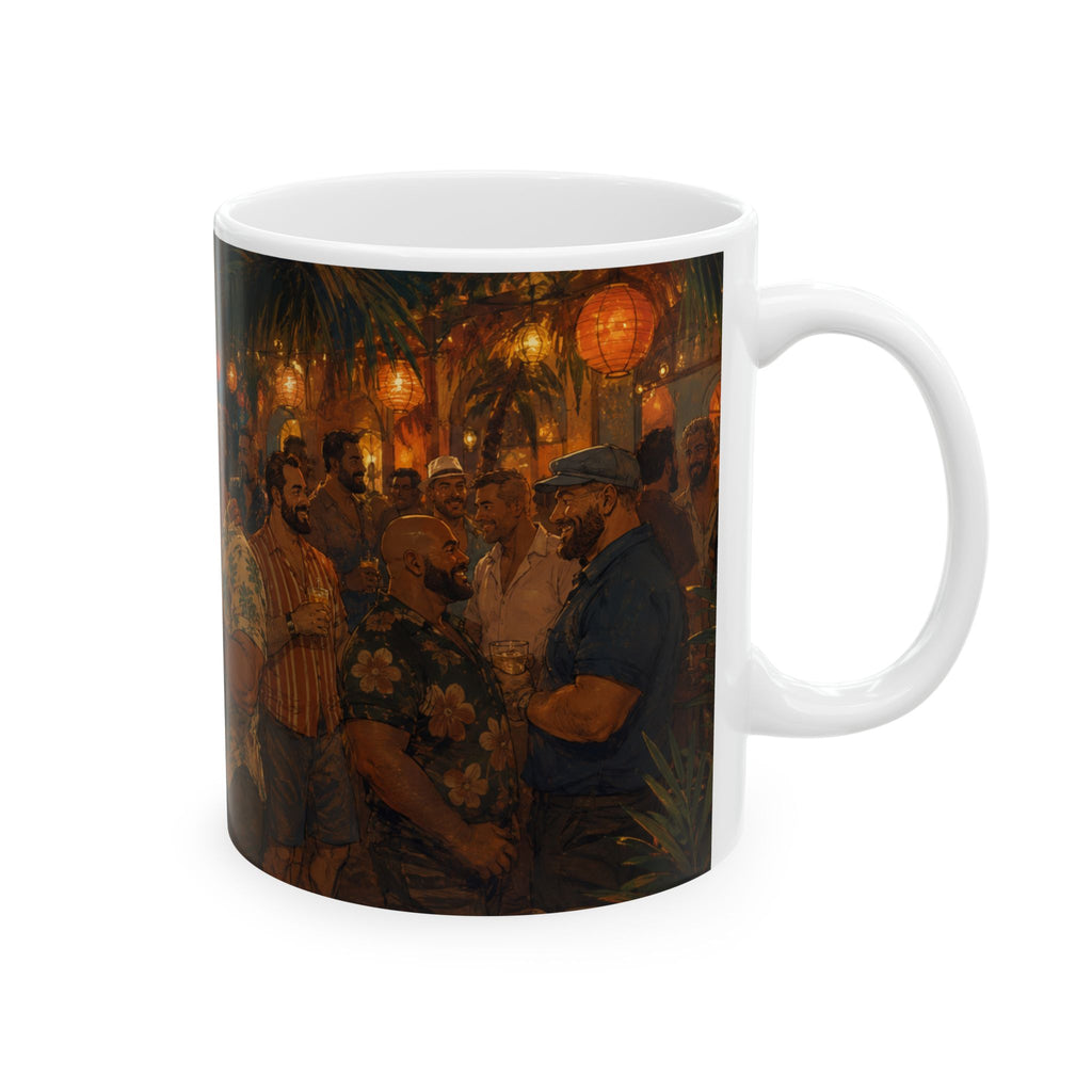 Ceramic Mug — Tropical Night Market Bear Couples Art. Bear Dance night for Bear mug lovers.