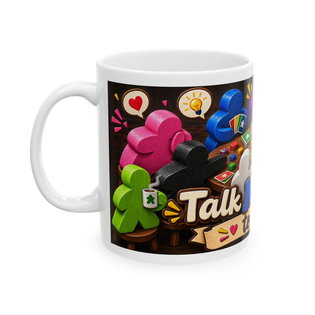 Talk Meep to Me Ceramic Mug — Colorful Board Game Meeples Coffee Cup (11oz/15oz)