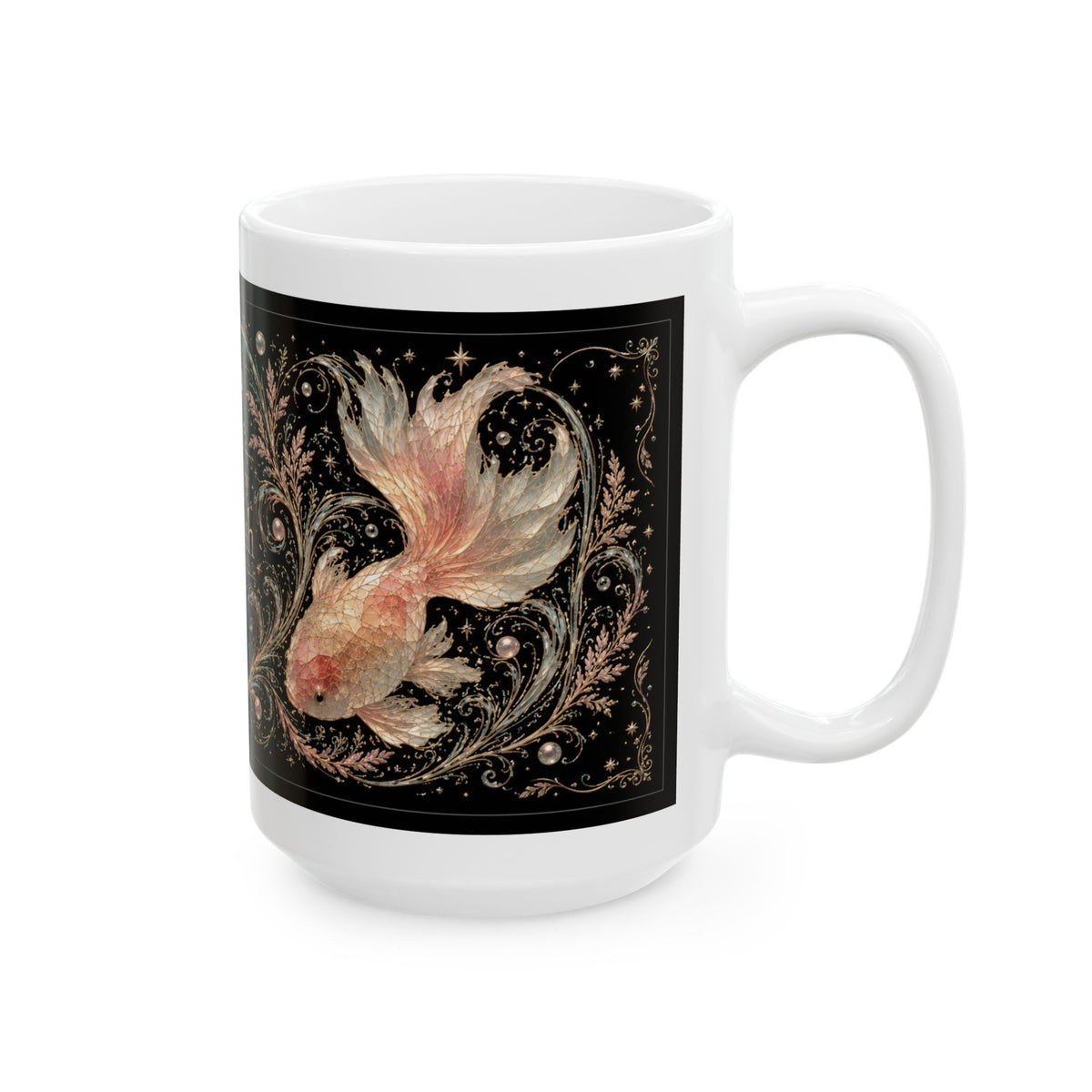 Goldfish Ceramic Mug — "Powered by Goldfish" Mystical Aquatic Coffee Cup (11oz/15oz)