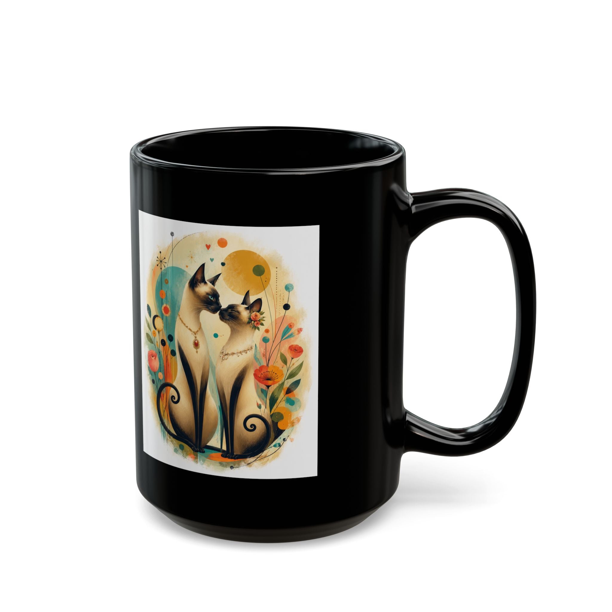 Siamese Cats Floral Black Coffee Mug (11oz/15oz)