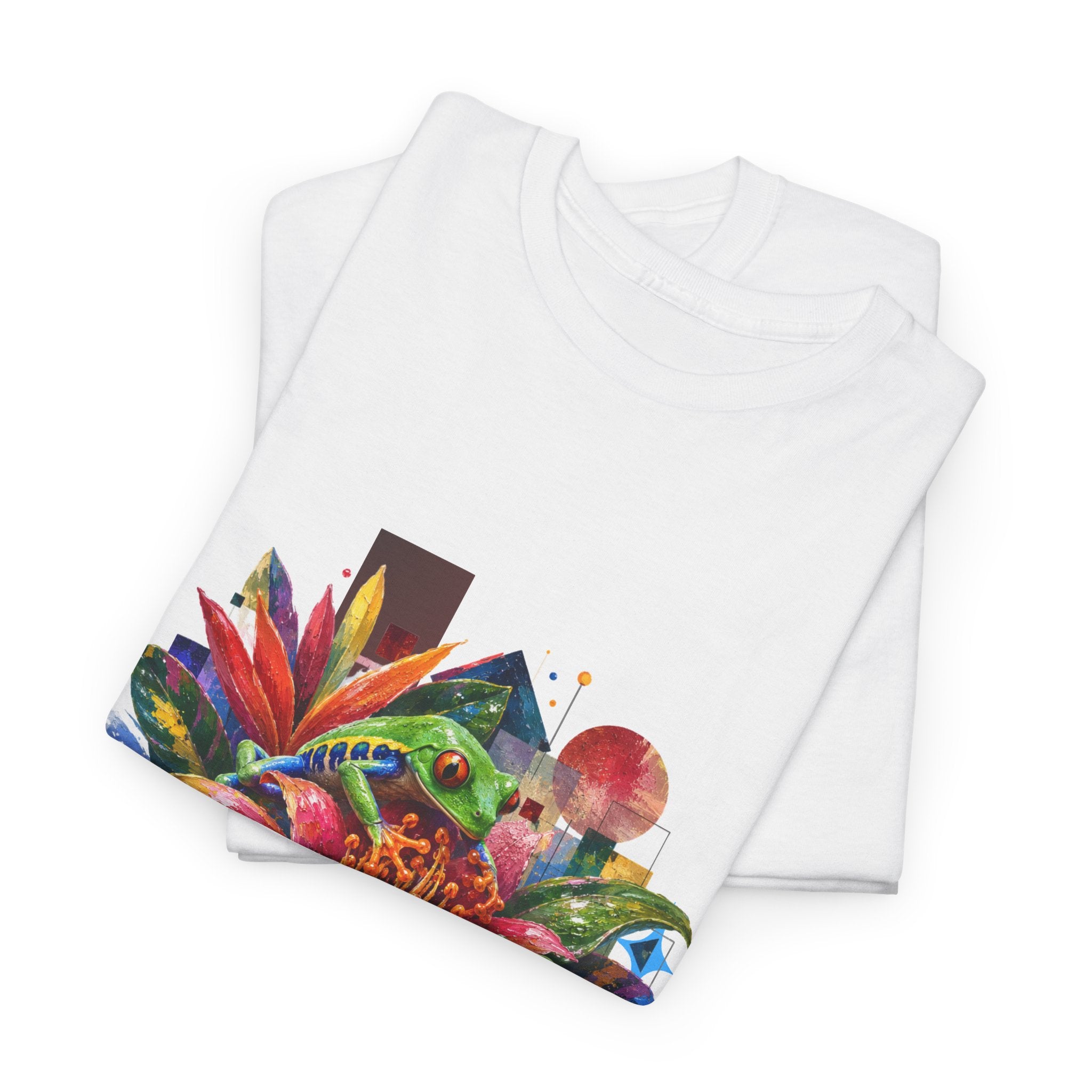 T-Shirt — Tropical Floral Collage Tee. Frog tee, Tree Frogs in Foliage. Eco-friendly reminder.