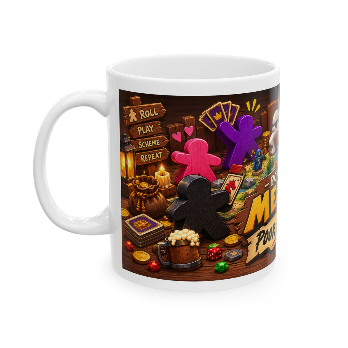 Ceramic Mug — "Powered by Meeples & Poor Decisions" Board Game Coffee Cup