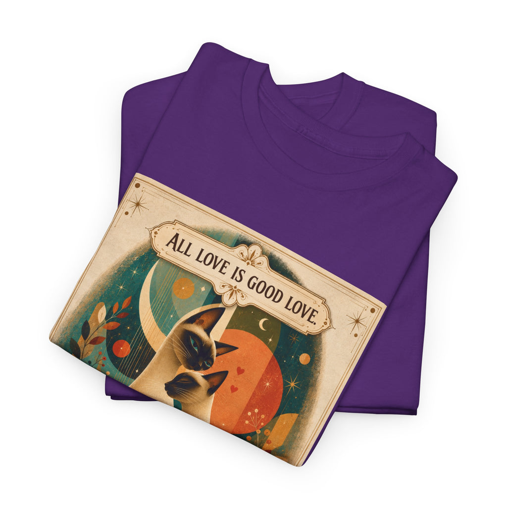 Cat Poster T-Shirt – "All Love Is Good Love" Retro Cat Love Graphic Tee. Siamese Cat Shirt Cat Lover Gift Cat Mom Shirt Cat Dad Shirt Cat People Apparel Cute Cat T-Shirt Cat Lover Tee Siamese Cat...