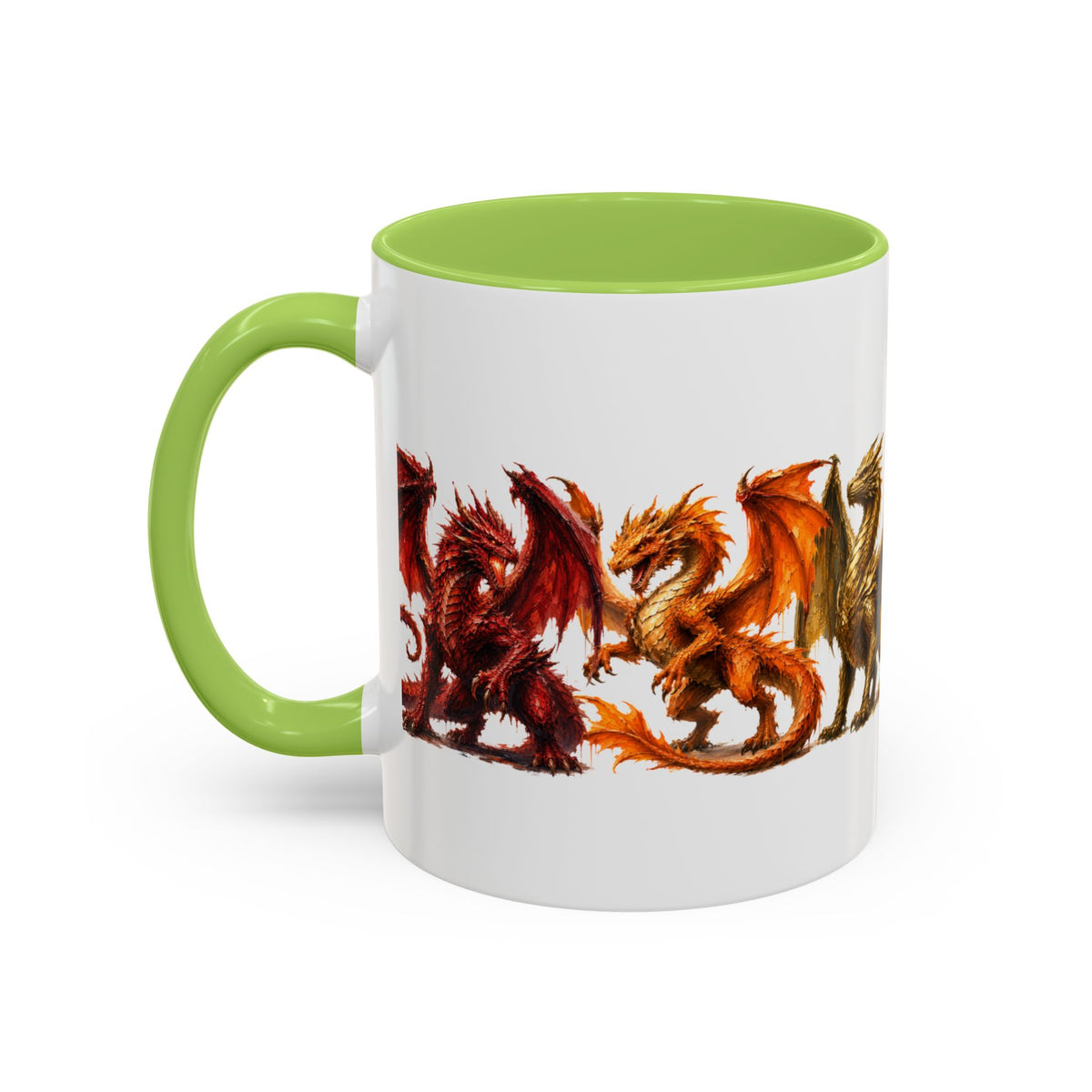 Rainbow Dragon Lineup Accent Coffee Mug — Colorful Fantasy Creature Tea & Coffee Cup