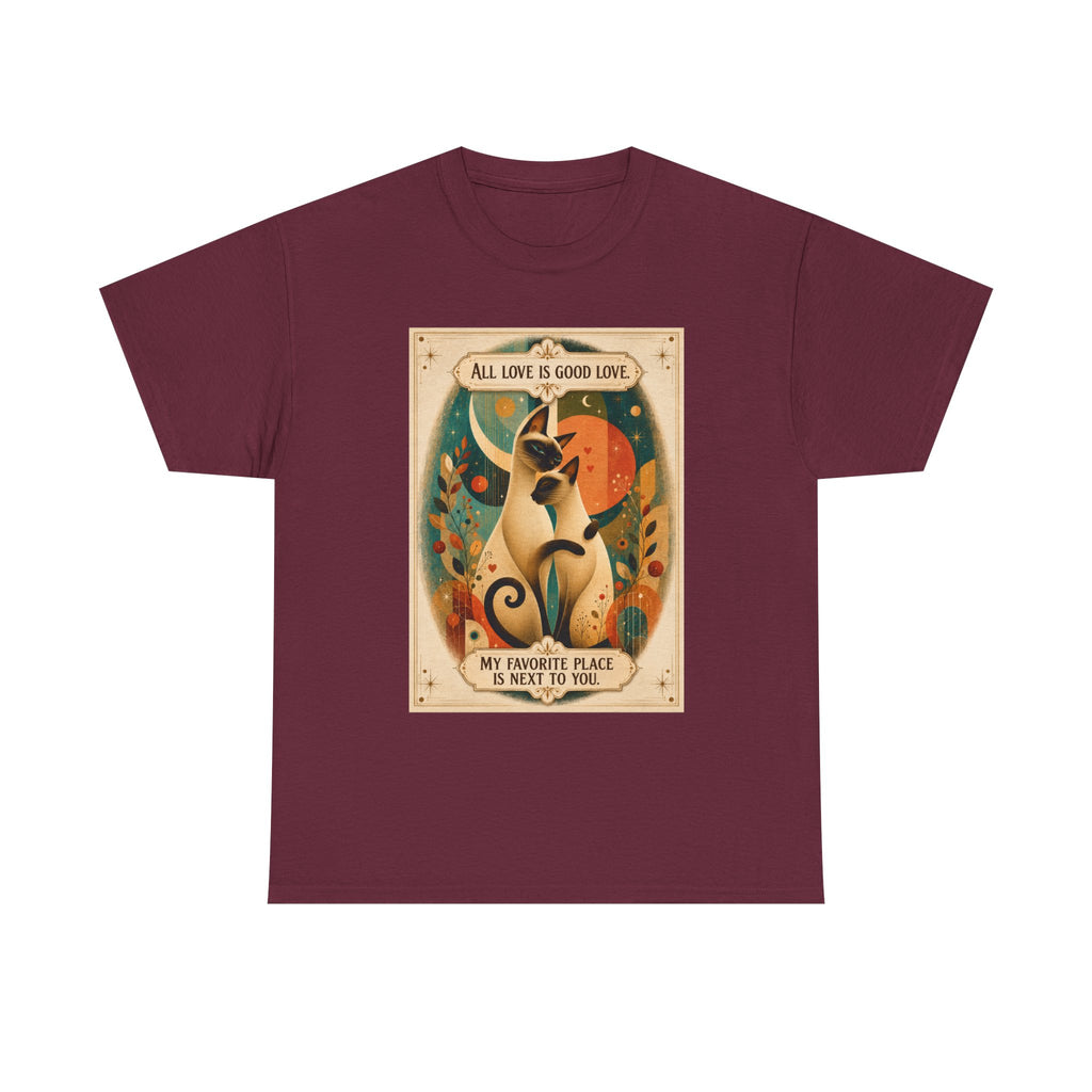 Cat Poster T-Shirt – "All Love Is Good Love" Retro Cat Love Graphic Tee. Siamese Cat Shirt Cat Lover Gift Cat Mom Shirt Cat Dad Shirt Cat People Apparel Cute Cat T-Shirt Cat Lover Tee Siamese Cat...