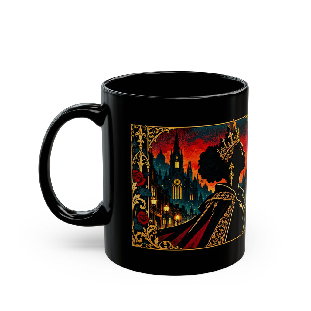 Crowned With Purpose Black Ceramic Mug — Rooted in Greatness Afrocentric Empowerment Mug Gothic Cityscape Coffee Cup (11oz/15oz)