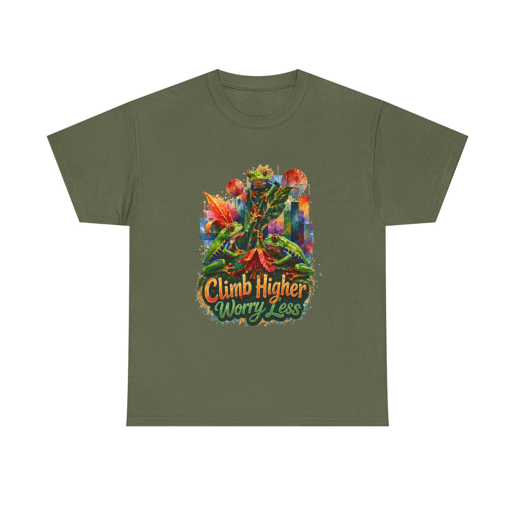 Climb Higher Worry Less T-Shirt Tree Frog t-shirt for the ecofriendly, tree huggers.