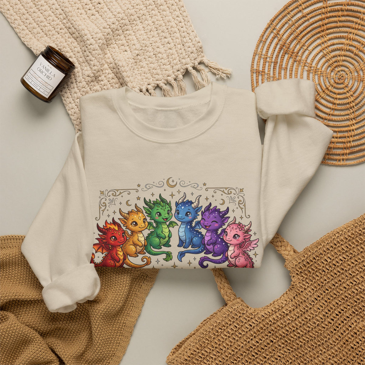 Crewneck Sweatshirt — "Proud Little Dragons" Rainbow Baby Dragon Graphic