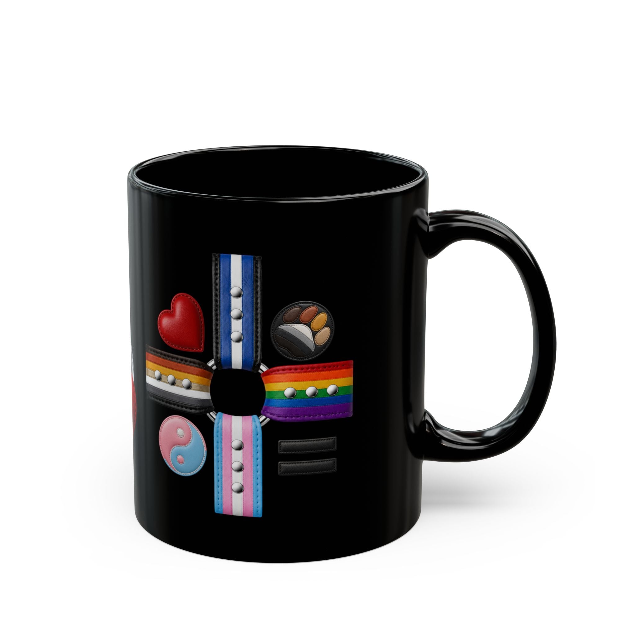 Pride & Kink Symbol Mug (Black) — LGBTQ+ Heart, Trans & Rainbow Emblems, Equality Coffee Cup