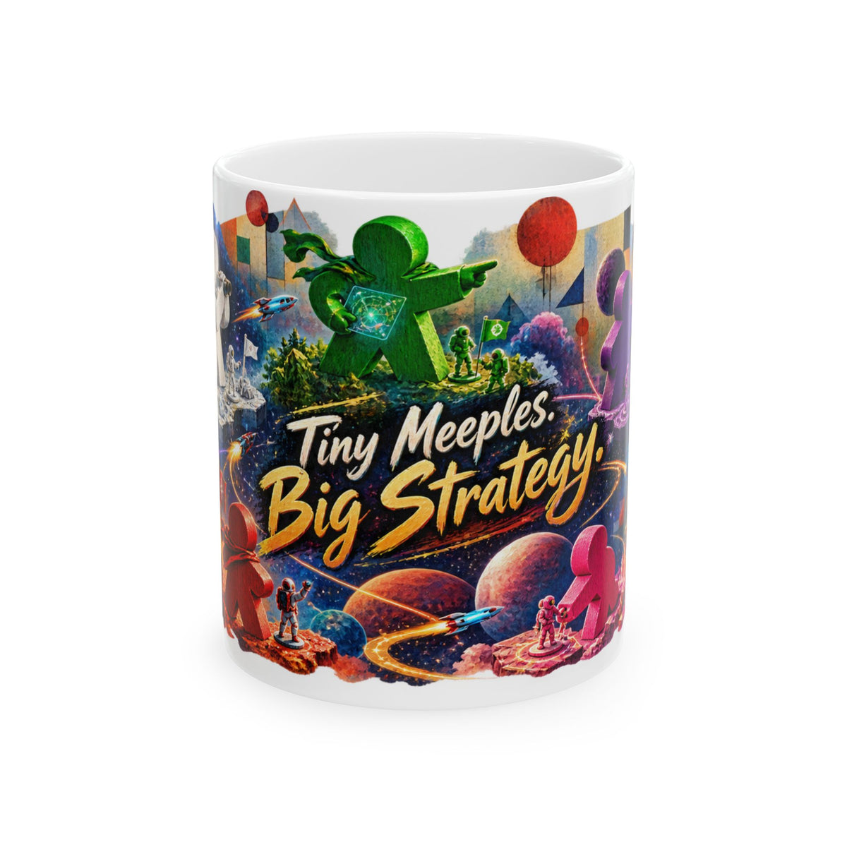 Board Game Mug — “Tiny Meeples, Big Strategy” Ceramic Coffee Mug (11oz & 15oz)