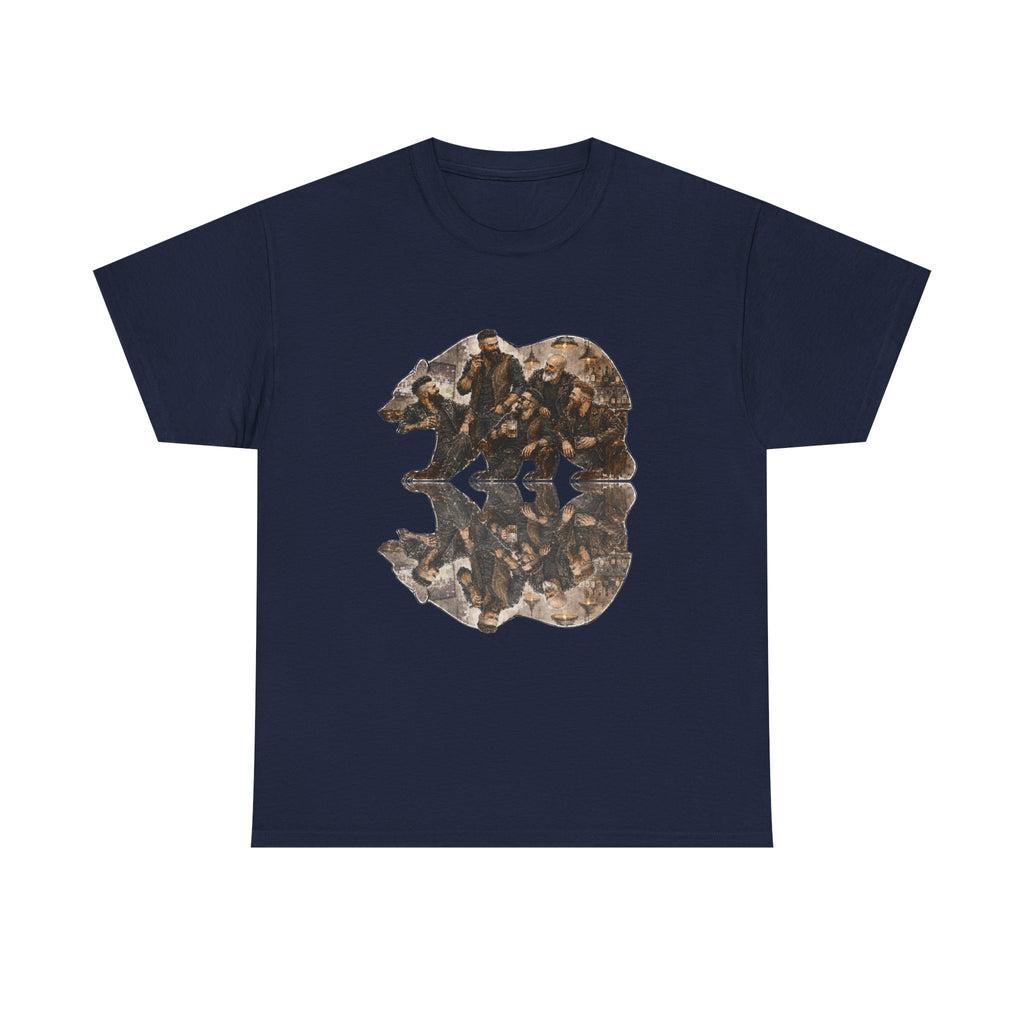 Bear men, friends gather, Reflection T-Shirt — Rustic Mountain Wildlife Graphic Tee