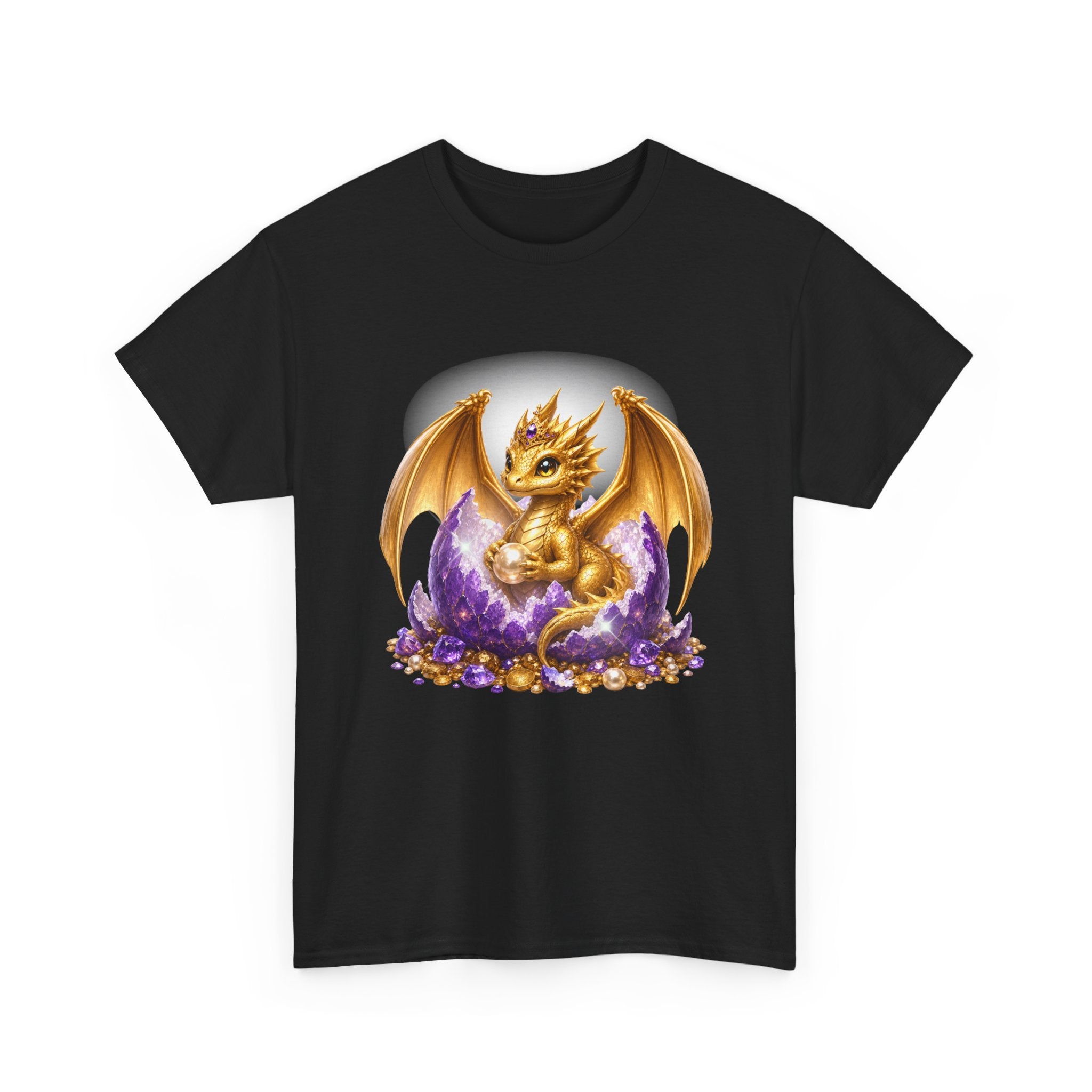 Golden Baby Dragon Tee — Cute Fantasy Dragon Shirt with Purple Egg