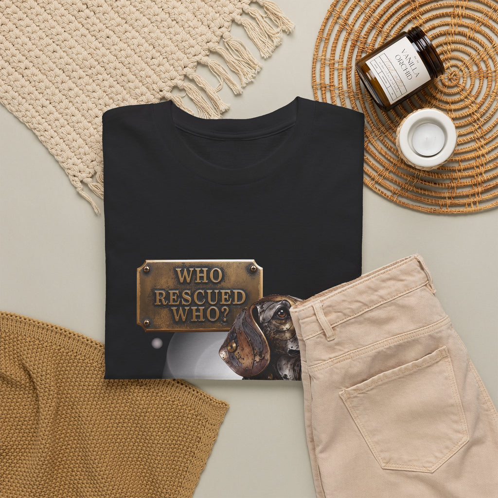 Dog Rescue T-Shirt – "Who Rescued Who" Rescue Pup Tee. A steampunk, mechanical Beagle for all Beagle Moms and Dads
