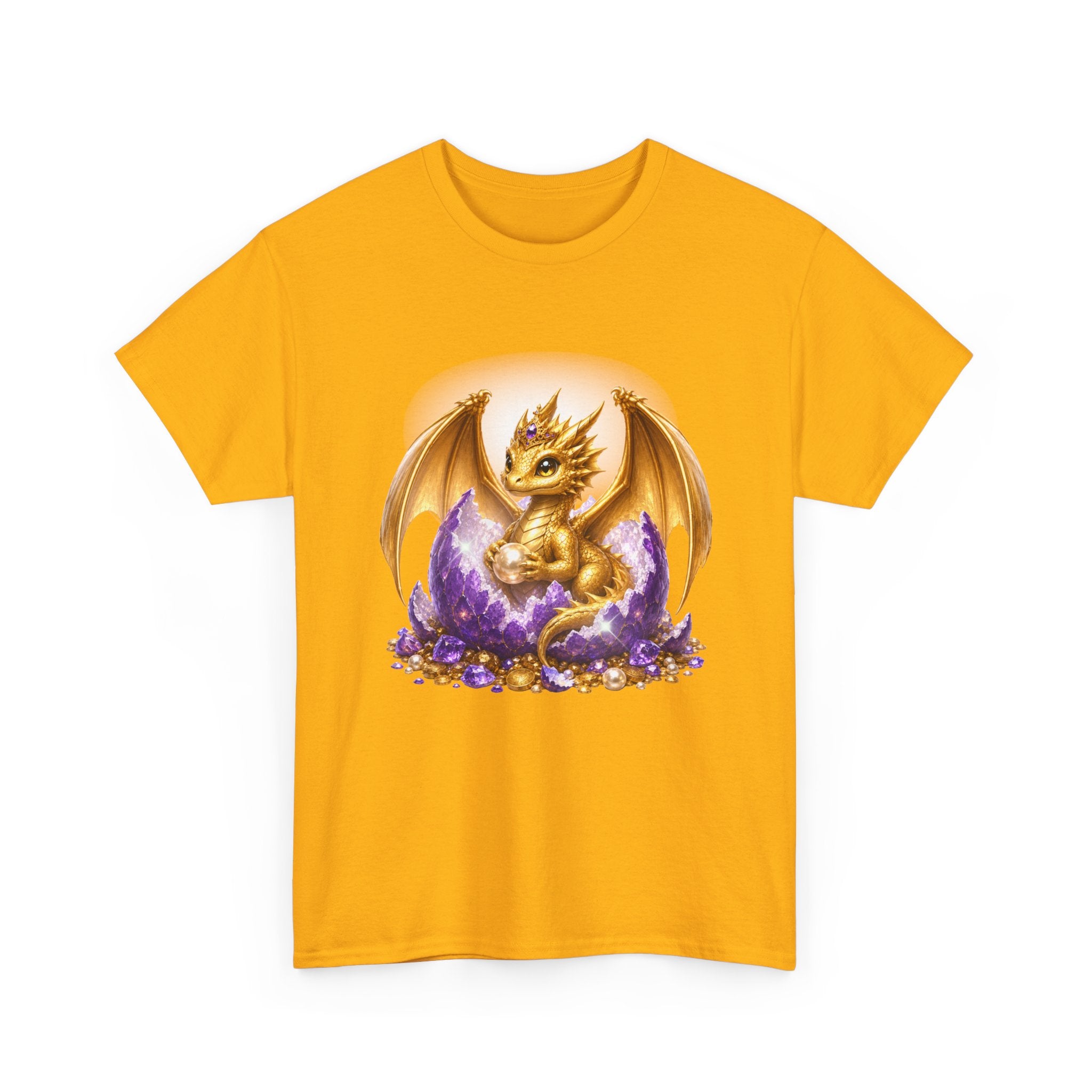 Golden Baby Dragon Tee — Cute Fantasy Dragon Shirt with Purple Egg