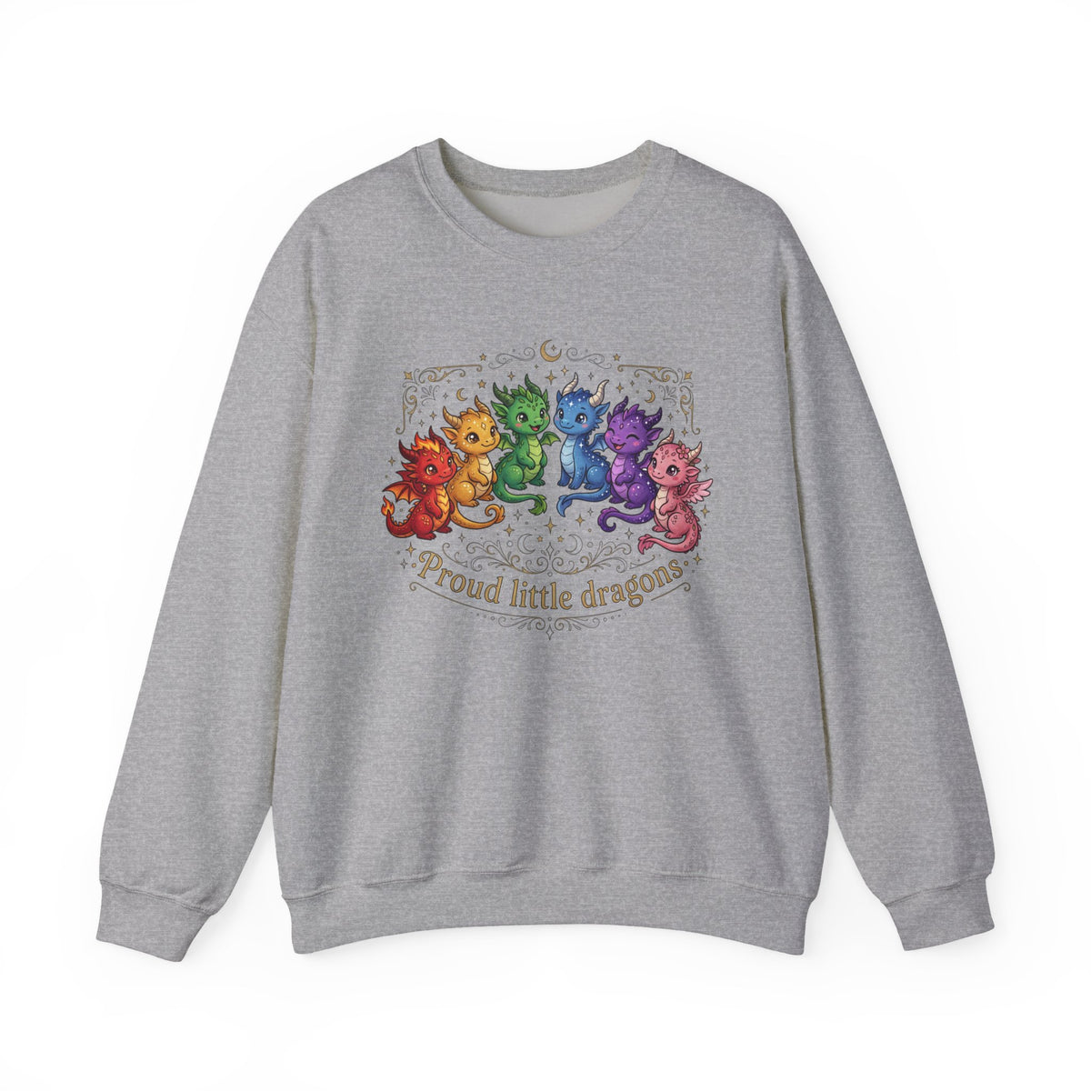Crewneck Sweatshirt — "Proud Little Dragons" Rainbow Baby Dragon Graphic