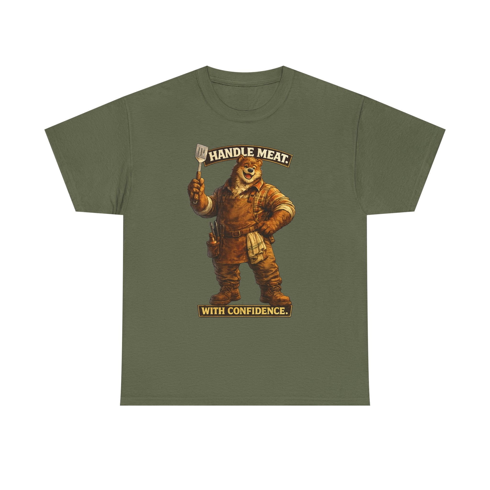 Bear Butcher Tee — "Handle Meat With Confidence" Graphic T-Shirt. Cheeky bear shirt. For the grill master in your life.