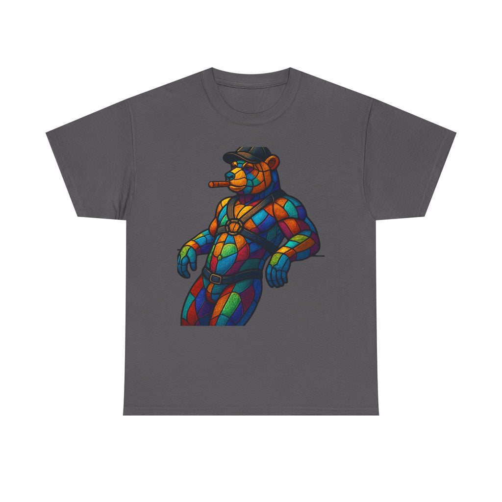 Stained Glass Bear Tee — Colorful Smoking Bear Graphic T-Shirt Bear cigar bear. Colorfull rainbow bear. Leather bear