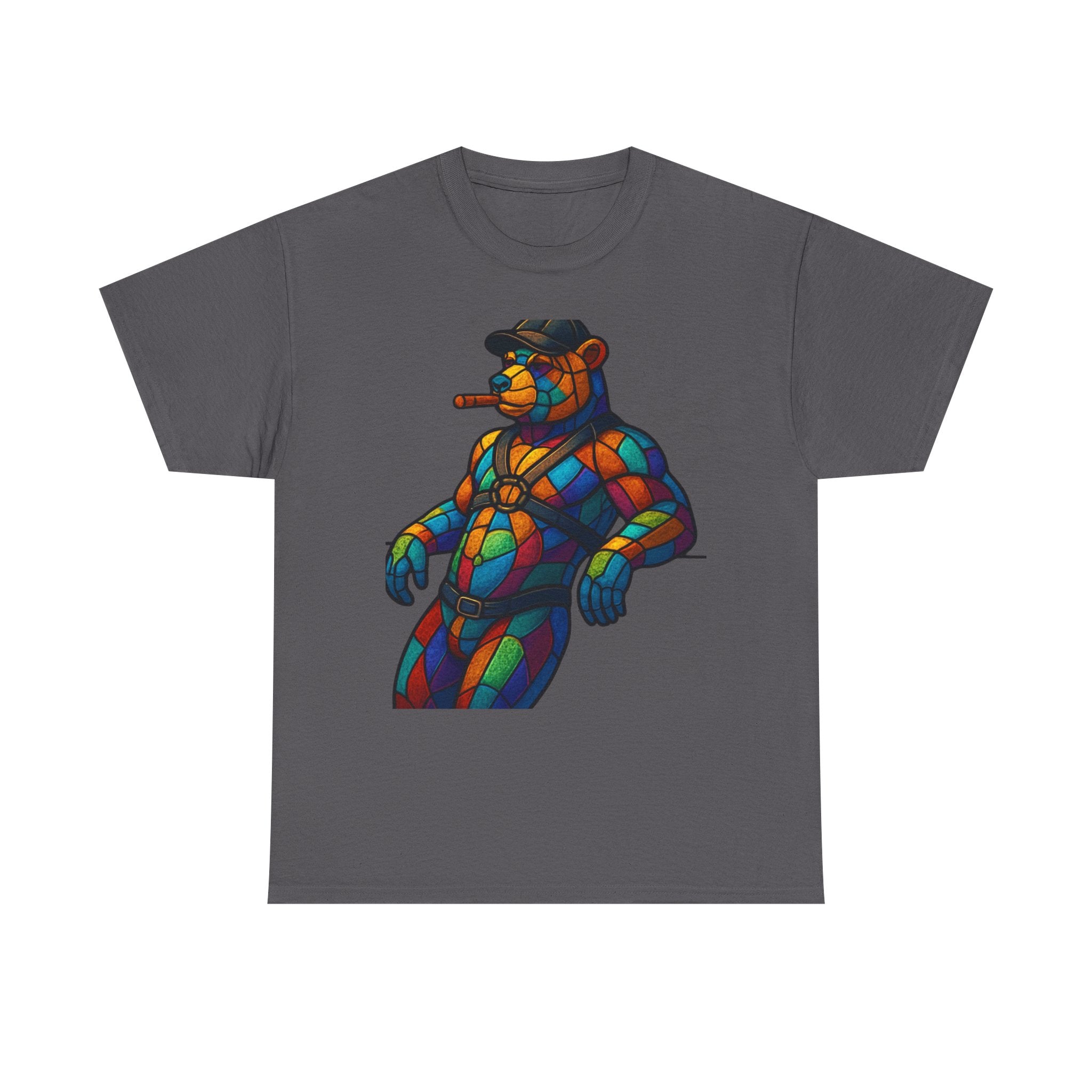 Stained Glass Bear Tee — Colorful Smoking Bear Graphic T-Shirt Bear cigar bear. Colorfull rainbow bear. Leather bear