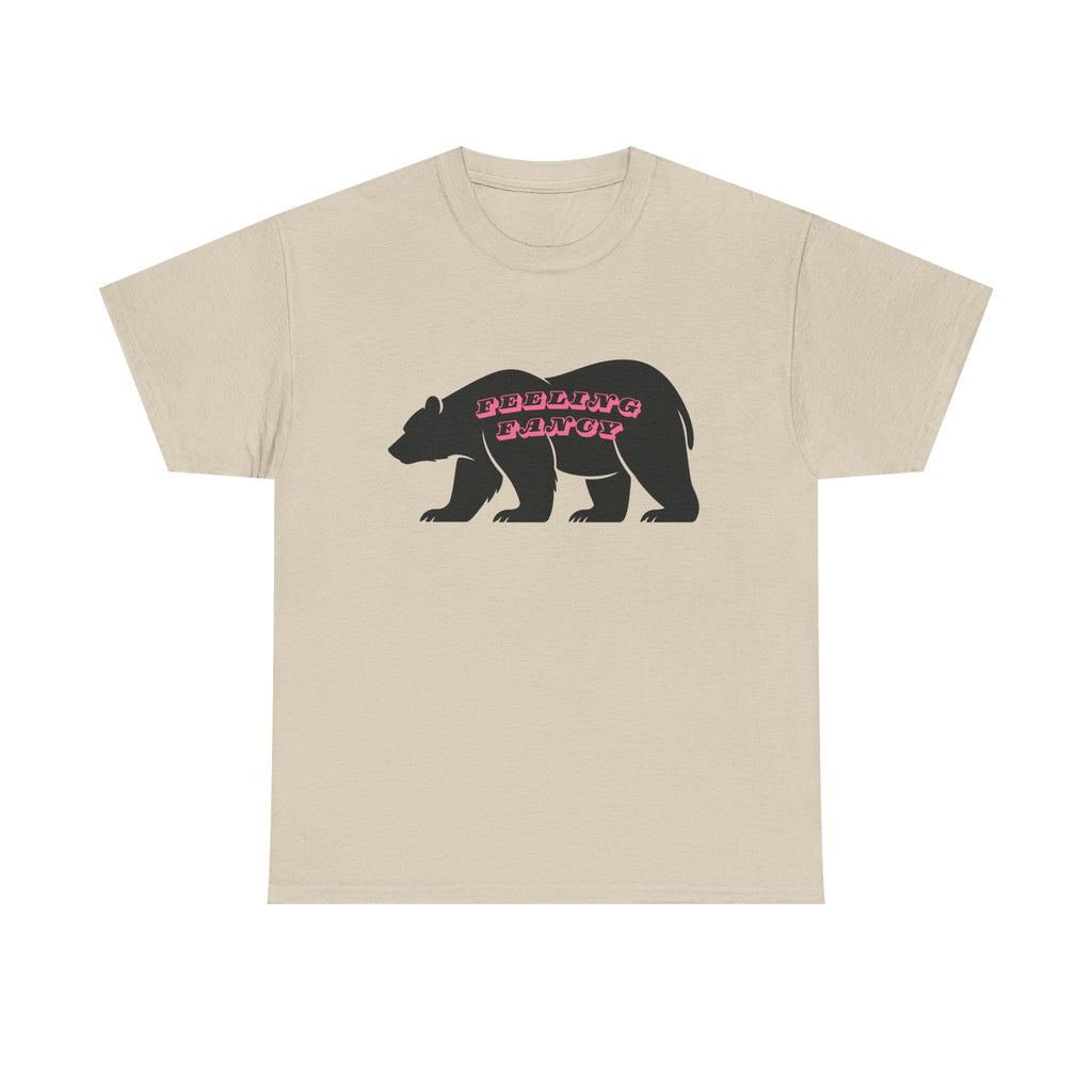 Bear Silhouette Tee — Retro Pink Script Graphic. Feeling Fancy