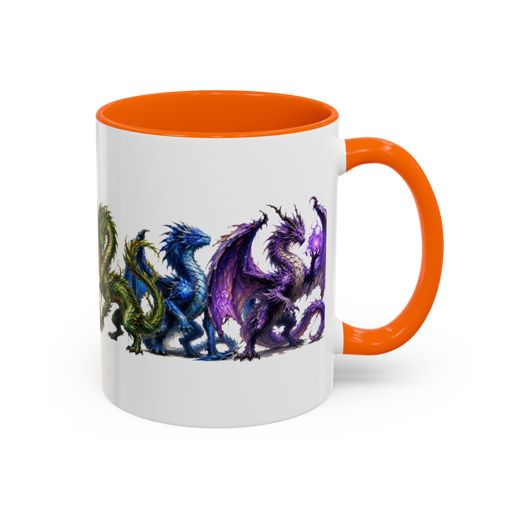 Rainbow Dragon Lineup Accent Coffee Mug — Colorful Fantasy Creature Tea & Coffee Cup