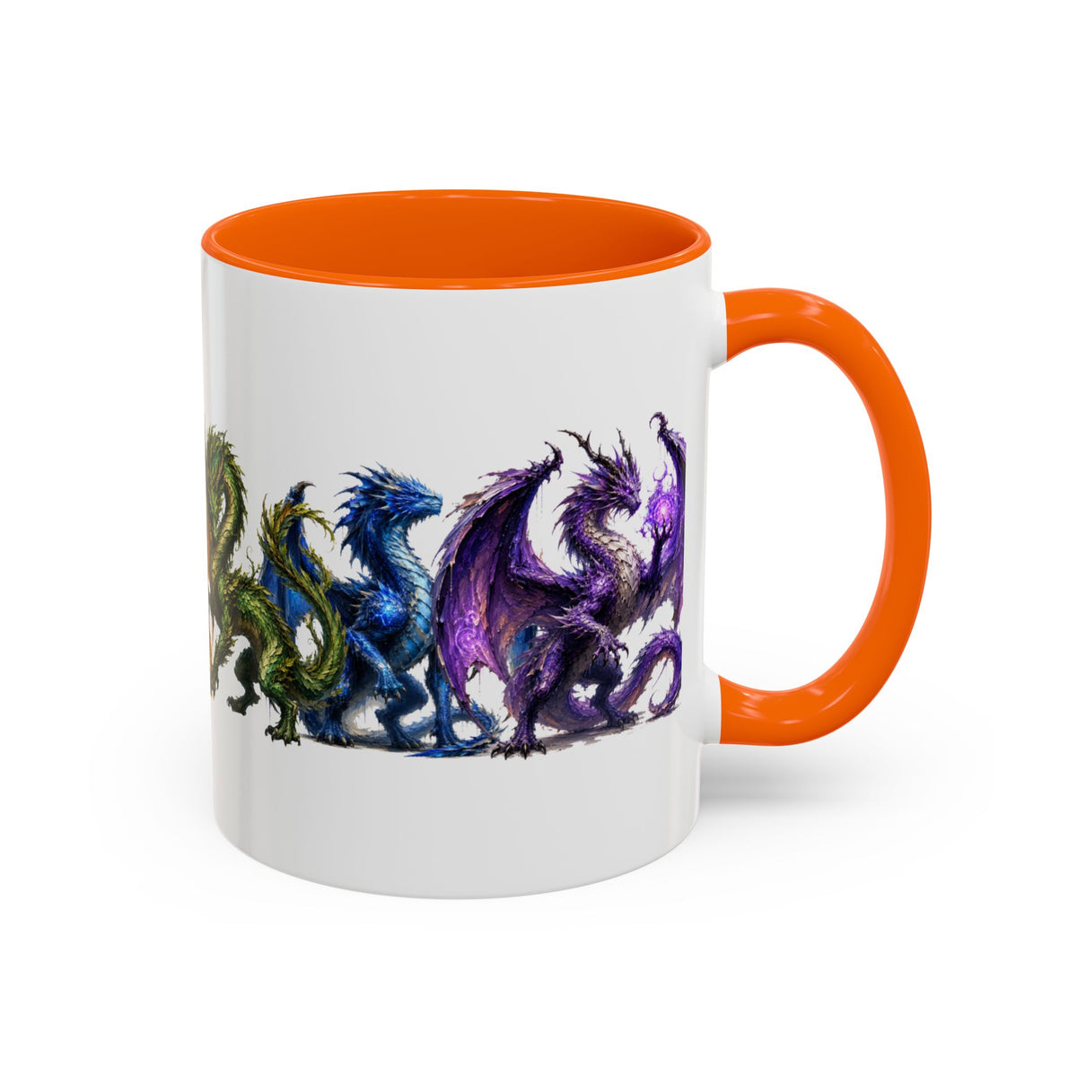 Rainbow Dragon Lineup Accent Coffee Mug — Colorful Fantasy Creature Tea & Coffee Cup