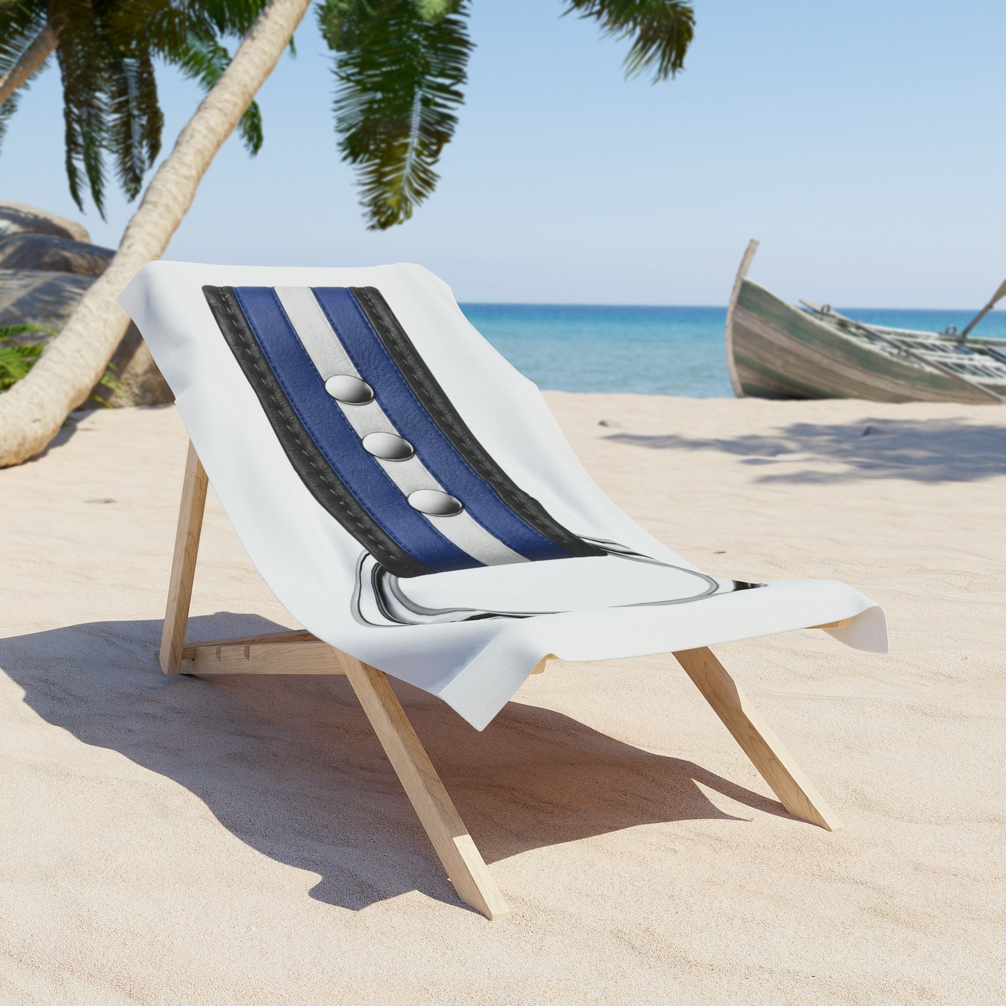 Beach Towel with Blue Leather Strap & Metal Ring Design – Nautical Stripe Pool & Shore Towel. Leather Pride towel