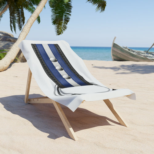 Beach Towel with Blue Leather Strap & Metal Ring Design – Nautical Stripe Pool & Shore Towel. Leather Pride towel