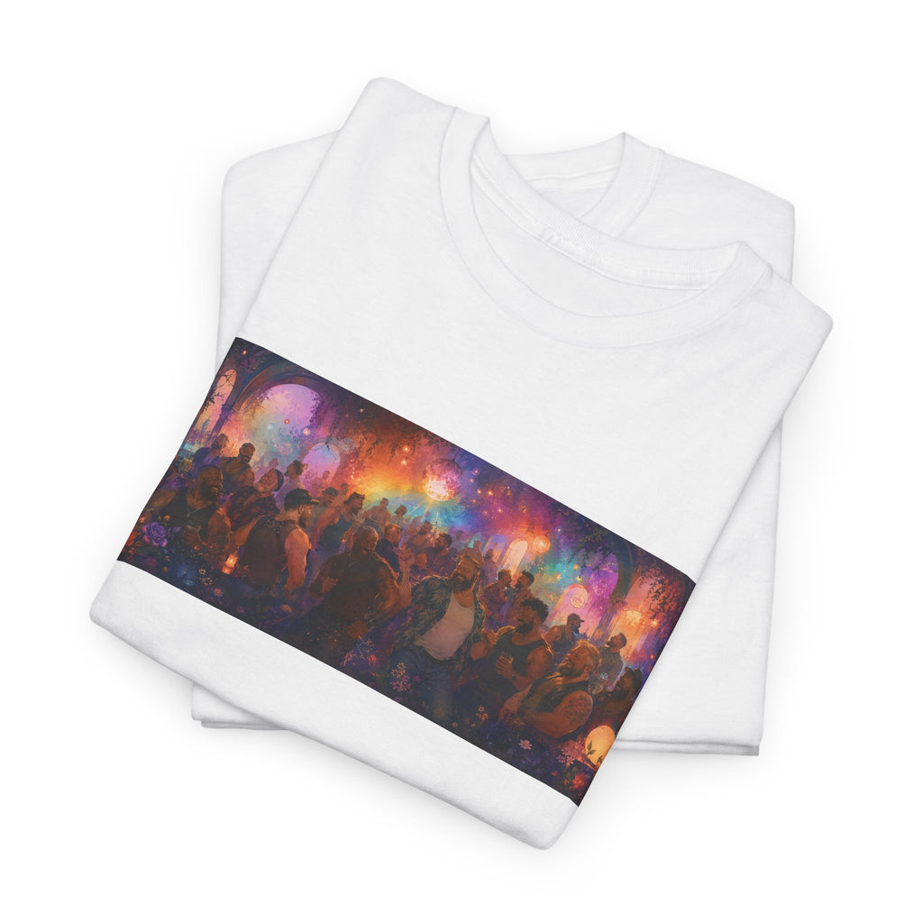 Festival Crowd Sunset Bear Party Graphic Tee. Bears dancing the night away.